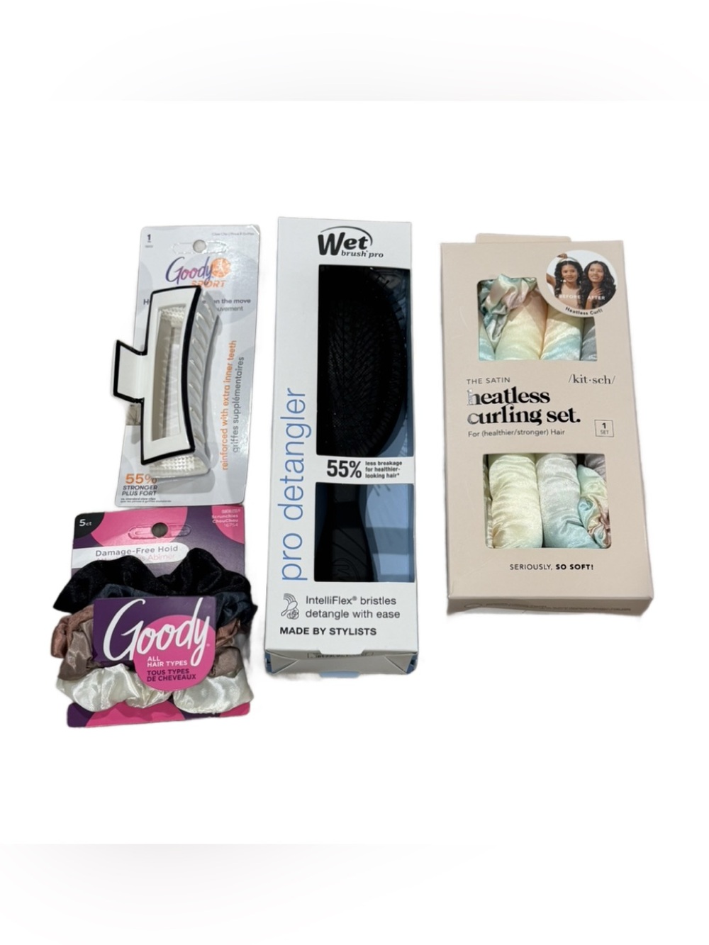 Hair Set- Heatless Curling Set - Wet Brush Pro- Goody 3x Scrunchies - 1x Claw